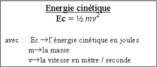 Zone de Texte: Energie cinétique  Ec = ½ mv2    avec :	 Ec ®l'énergie cinétique en joules  m®la masse  v®la vitesse en mètre / seconde  