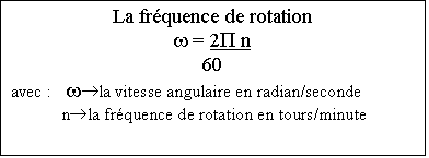 Zone de Texte: La fréquence de rotation  w = 2P n  60  avec :	 w®la vitesse angulaire en radian/seconde  n®la fréquence de rotation en tours/minute  