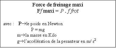 Zone de Texte: Force de freinage maxi  Ff maxi = P . f frot      avec :	 P®le poids en Newton  		P = mg  	m®la masse en Kilo  	g®l'accélération de la pesanteur en m/ s2  